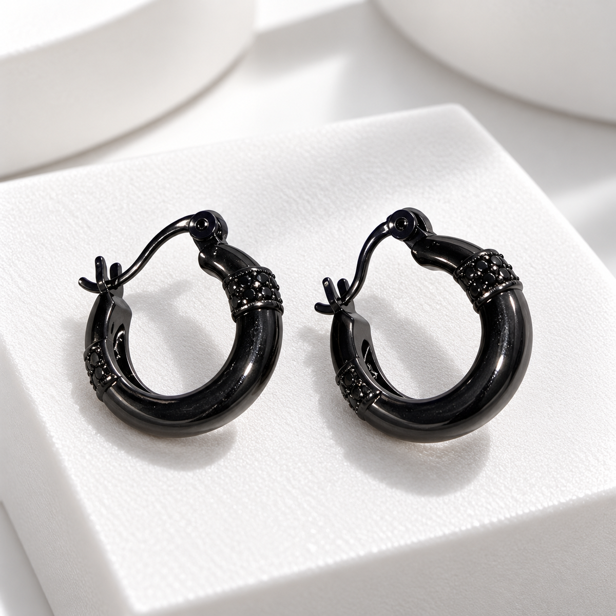 Black Crystal Accent Hoop Earrings