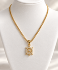 Gold-Plated Crystal Ship Wheel Pendant Necklace