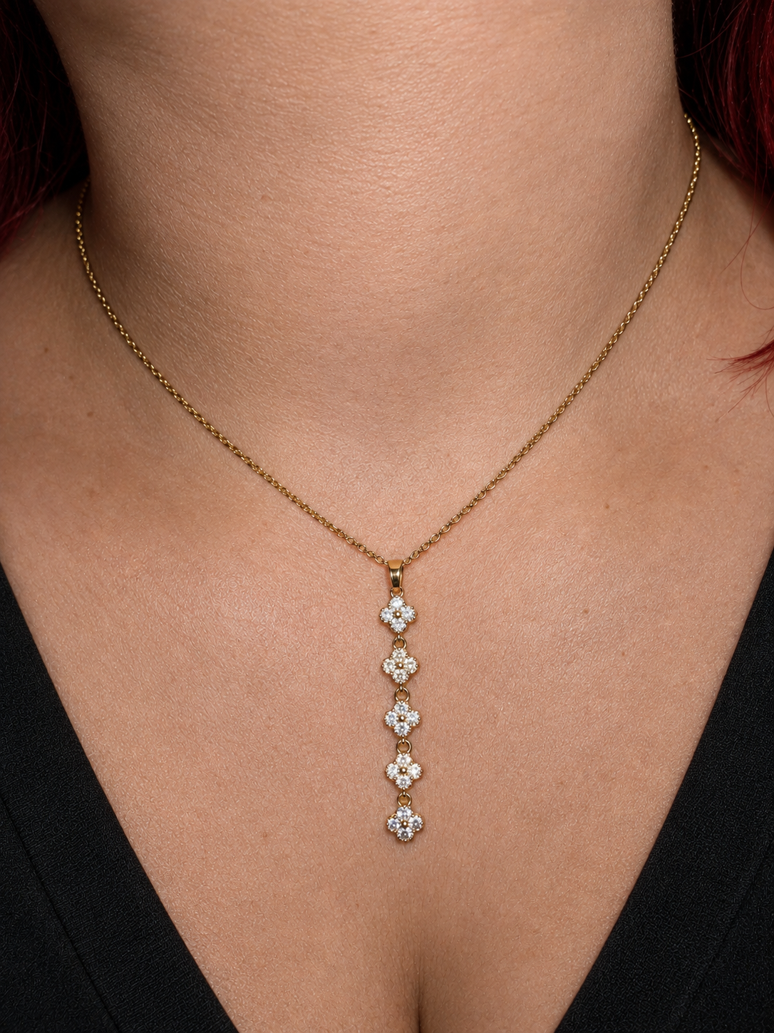 Gold-Tone Five-Flower Crystal Drop Necklace