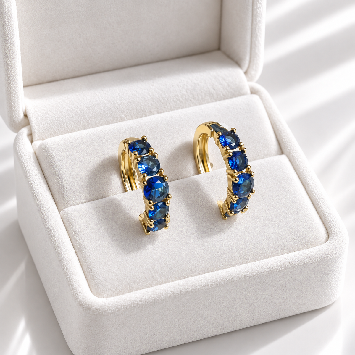 Royal Blue Crystal Gold-Palted Hoop Earrings