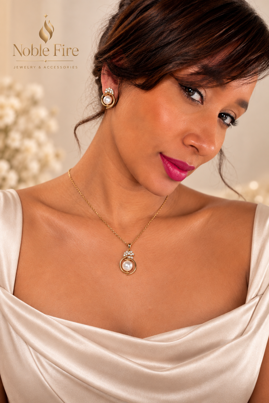 Gold-Plated Faux Pearl Necklace & Earrings Set