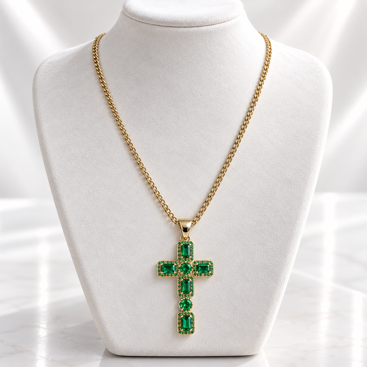 Green Crystal Gold-Laminated Cross Pendant