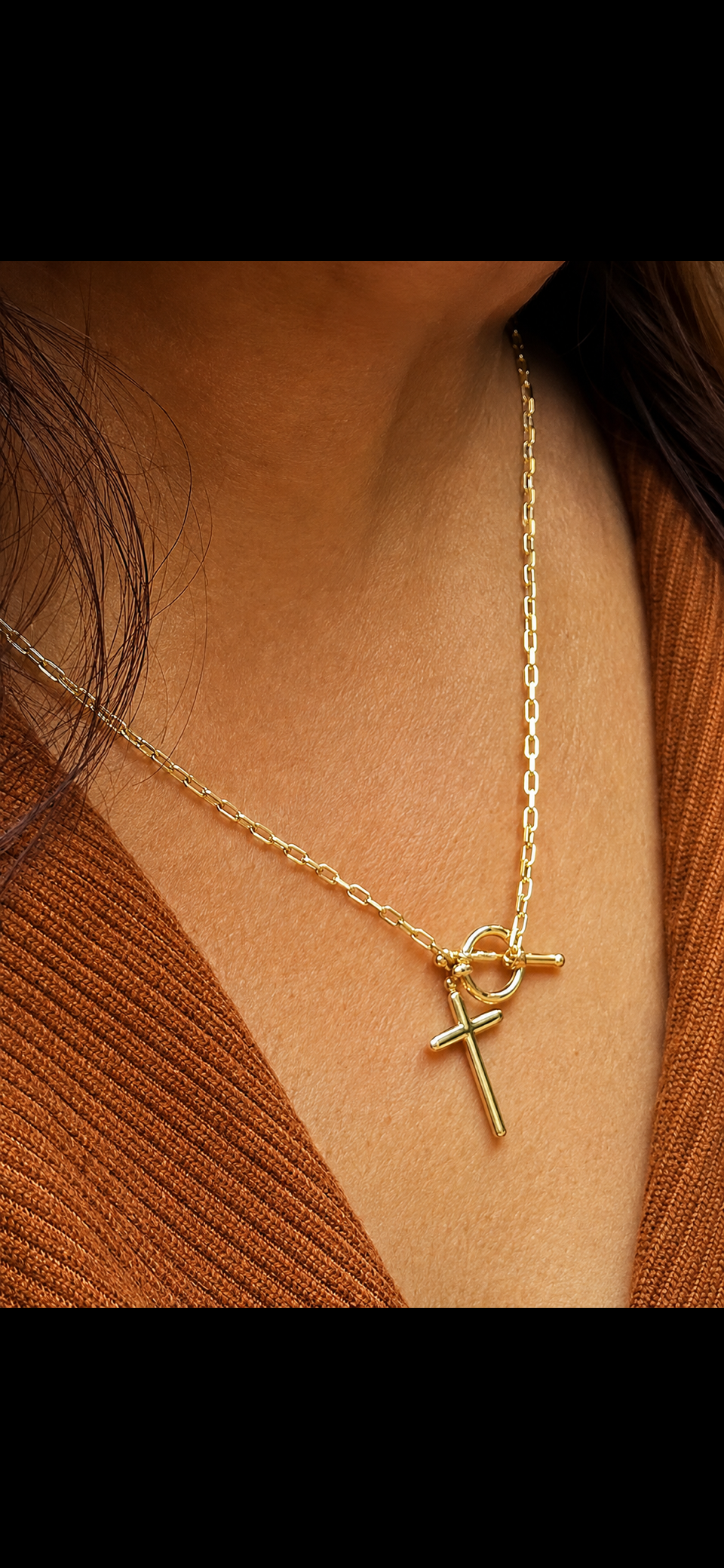 Gold-Plated Cross Pendant Toggle Necklace