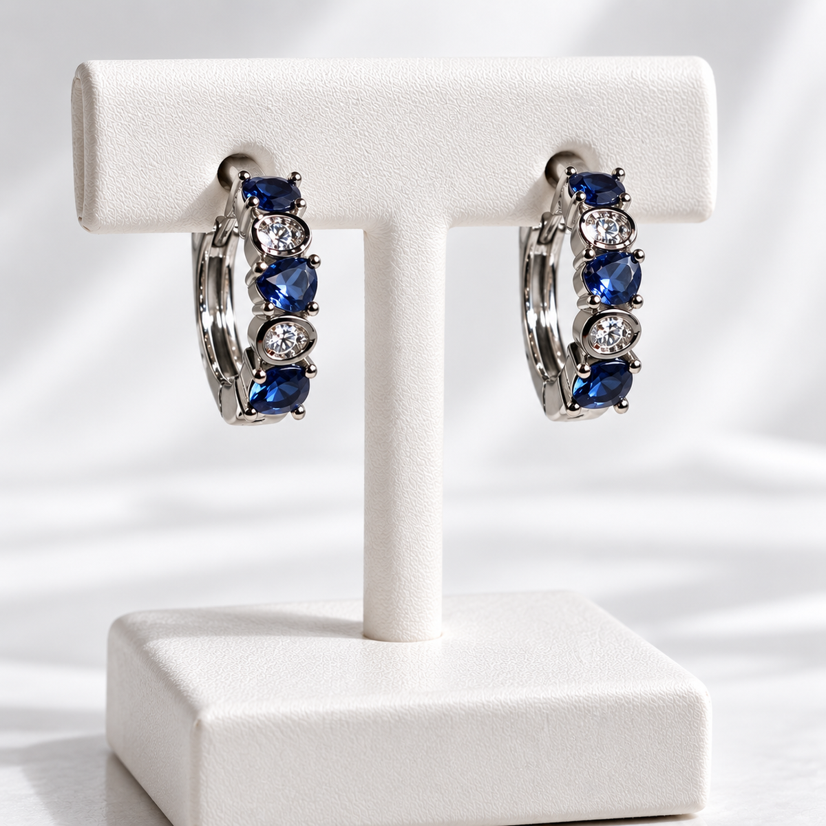 Silver-Plated Blue & Clear CZ Hoop Earrings