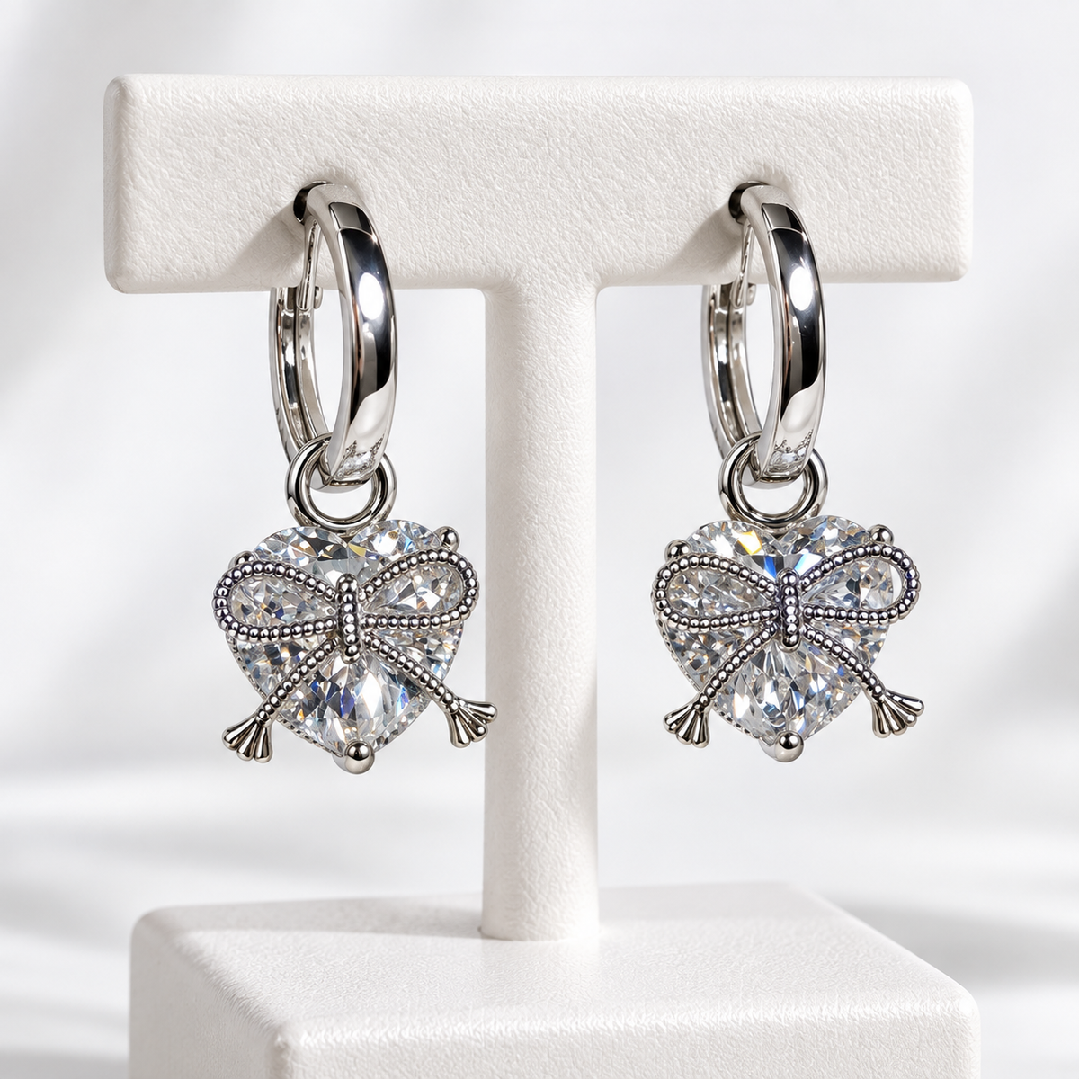 Silver-Plated Crystal Bow Heart Drop Earrings