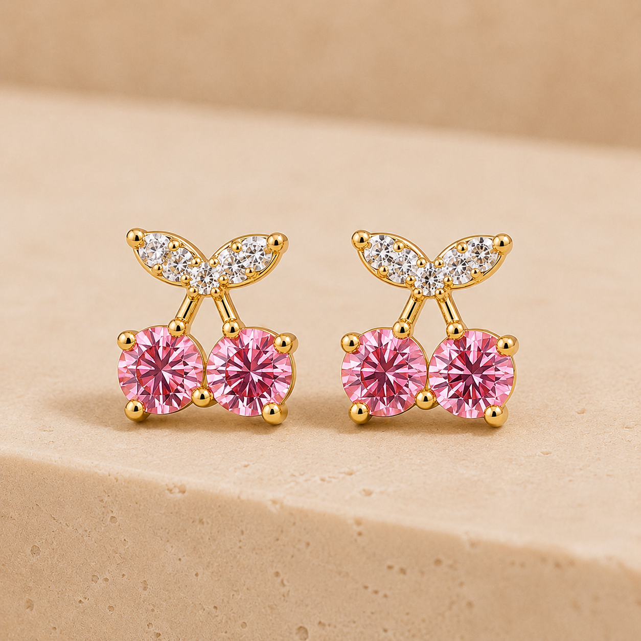 Cherry Stud Earrings with Pink Zirconia