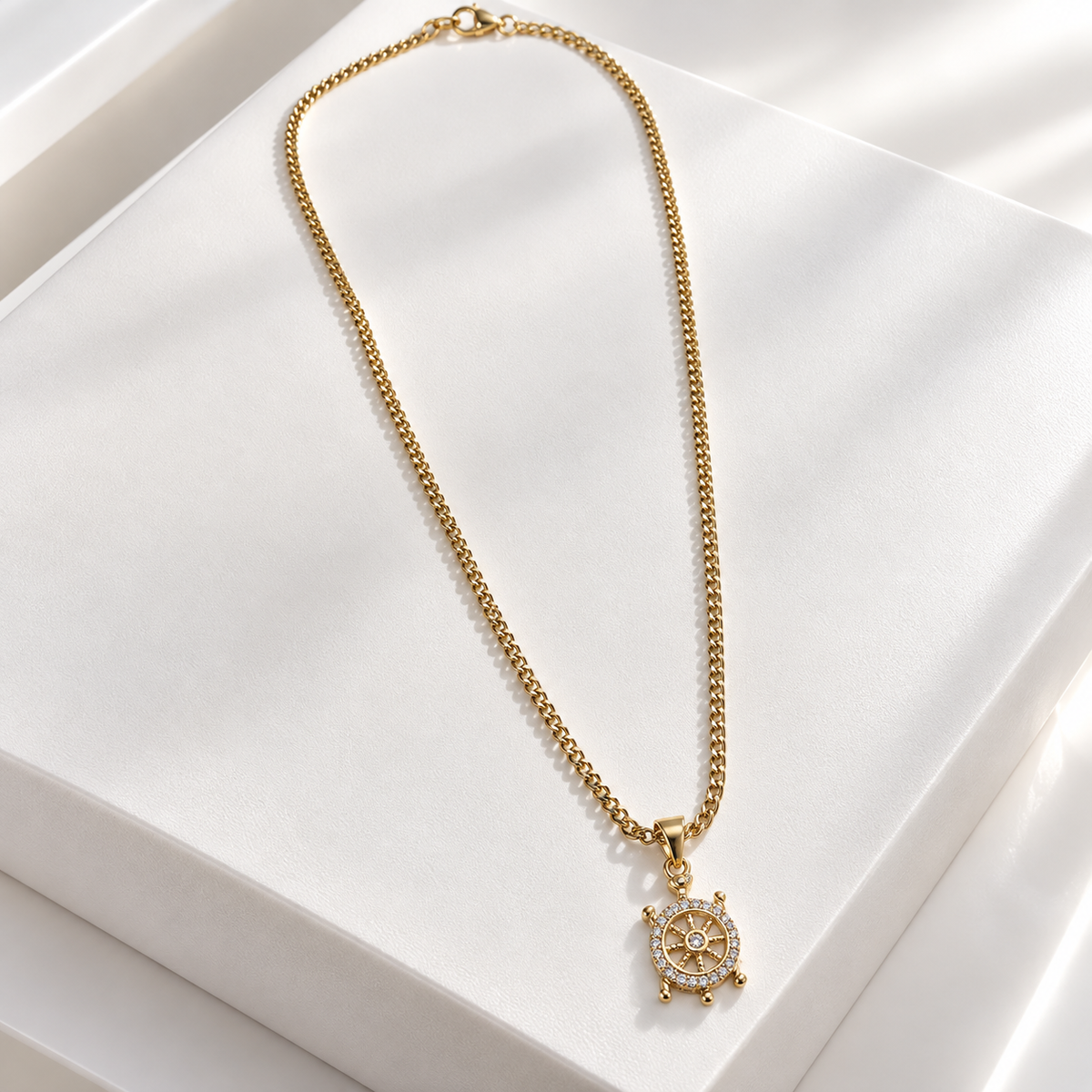 Gold-Plated Crystal Ship Wheel Pendant Necklace
