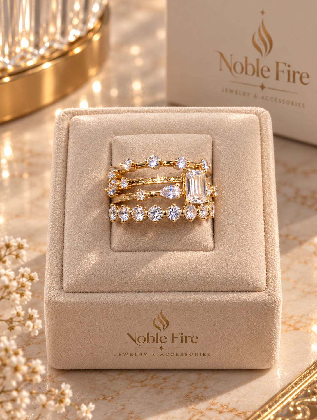 Gold-Tone Mixed-Cut Crystal Ring Set
