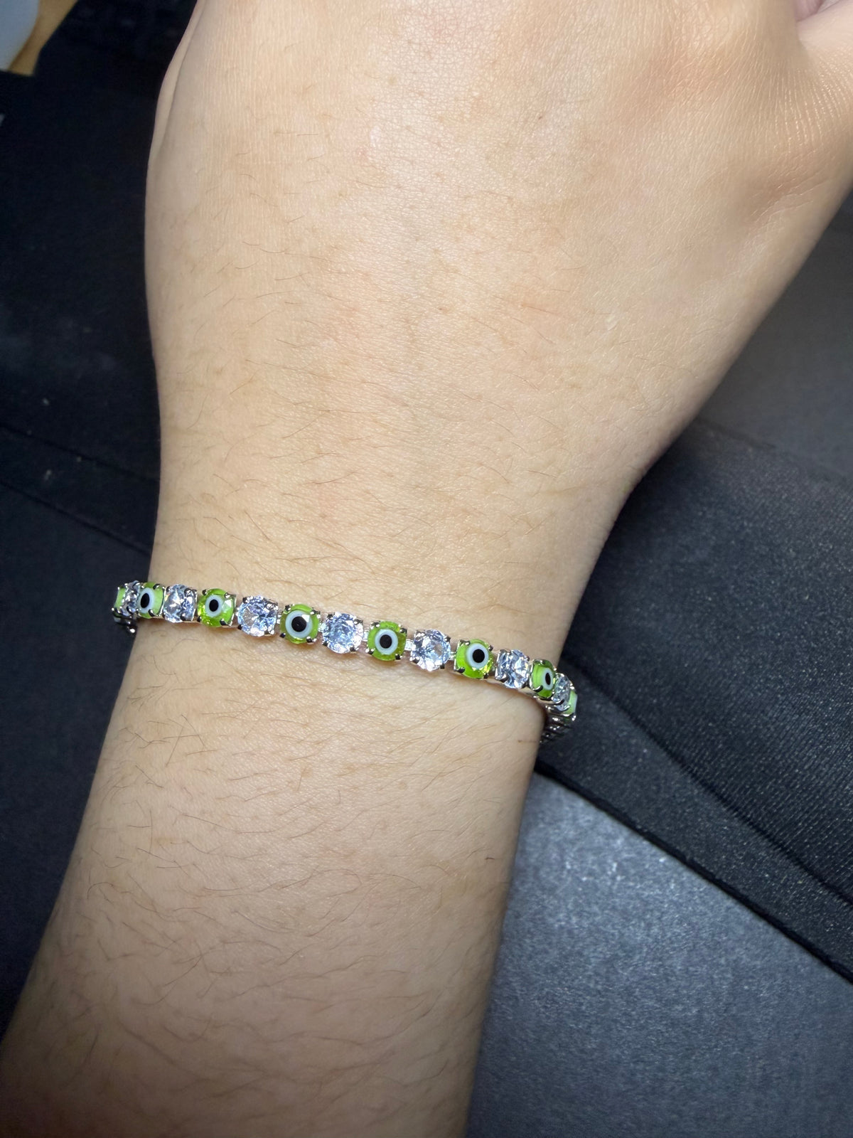 Green Evil Eye and Crystals Tennis Bracelet