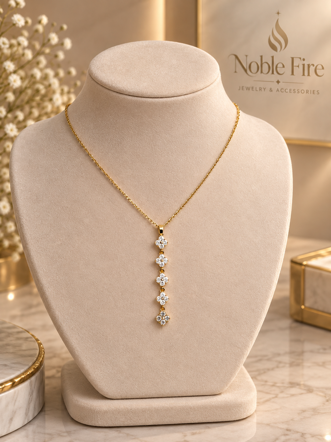 Gold-Tone Five-Flower Crystal Drop Necklace