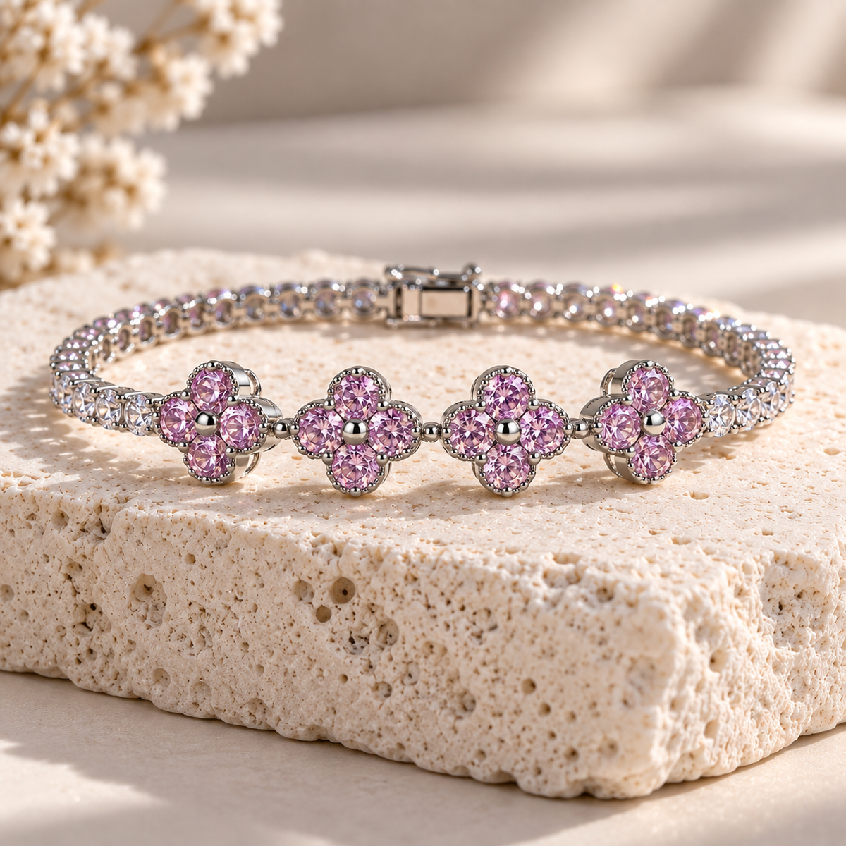 Pink Floral Silver-Tone Tennis Bracelet