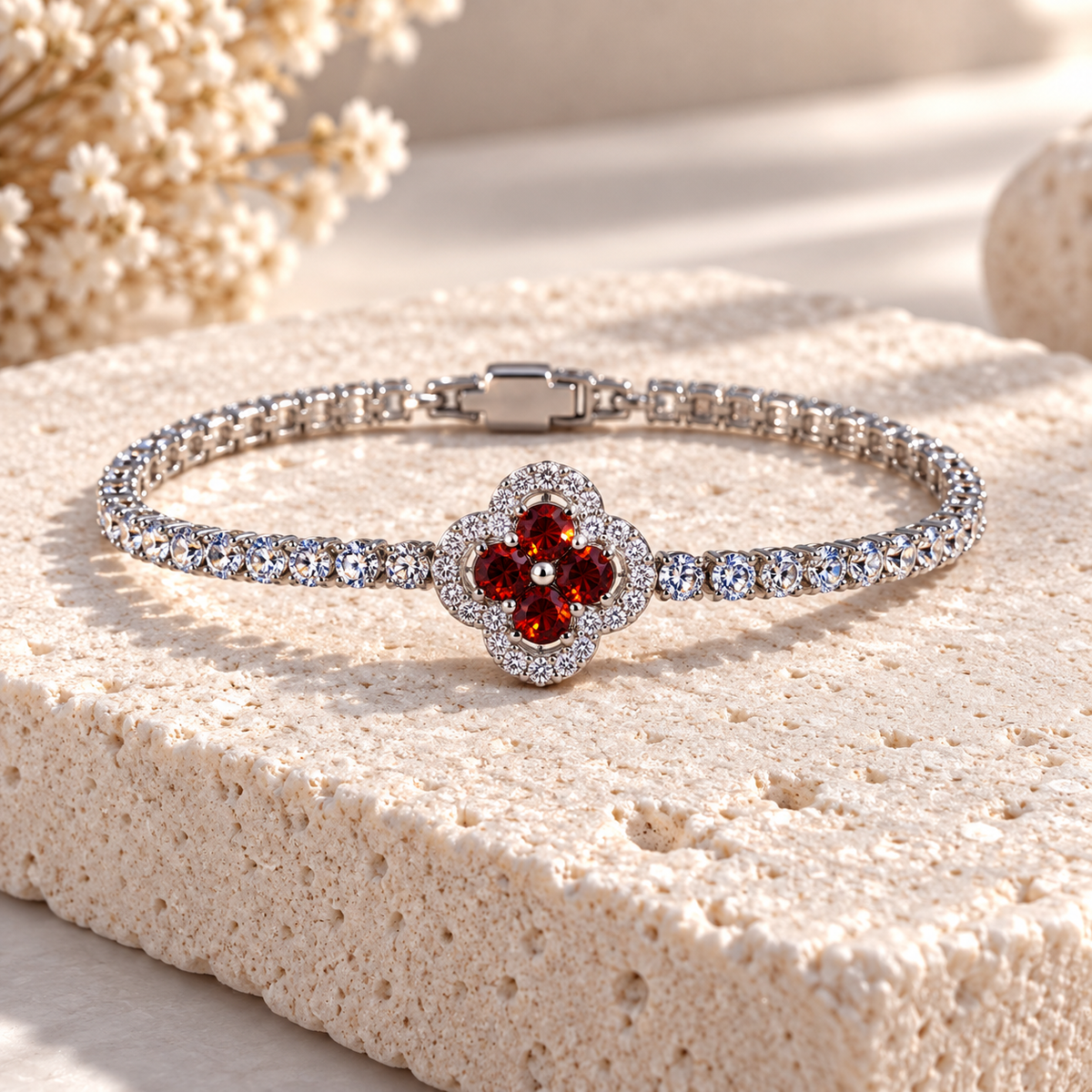 Red Clover and Crystals Tennis Bracelet