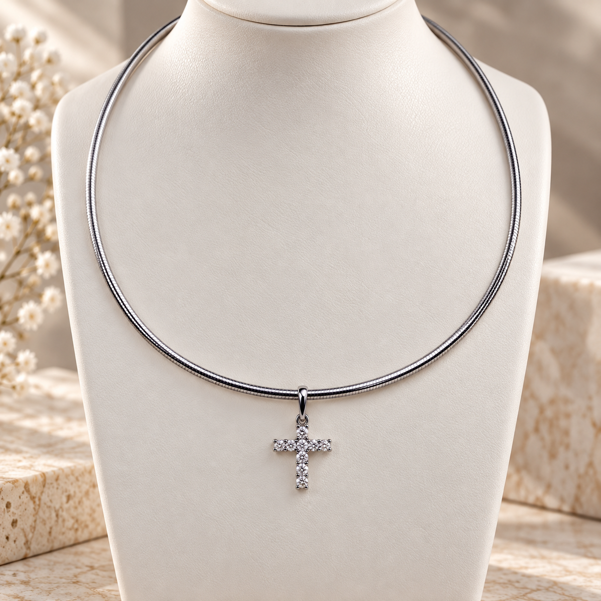 Silver-Plated Omega Necklace with Crystal Cross