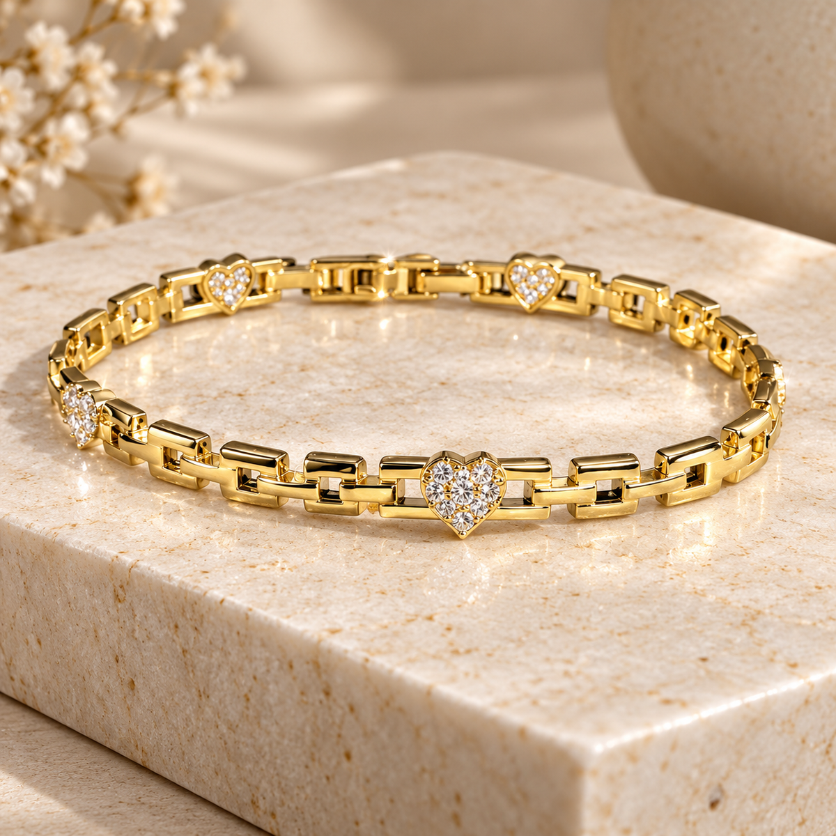 Gold-Plated Rectangular Link & Crystal Heart Bracelet