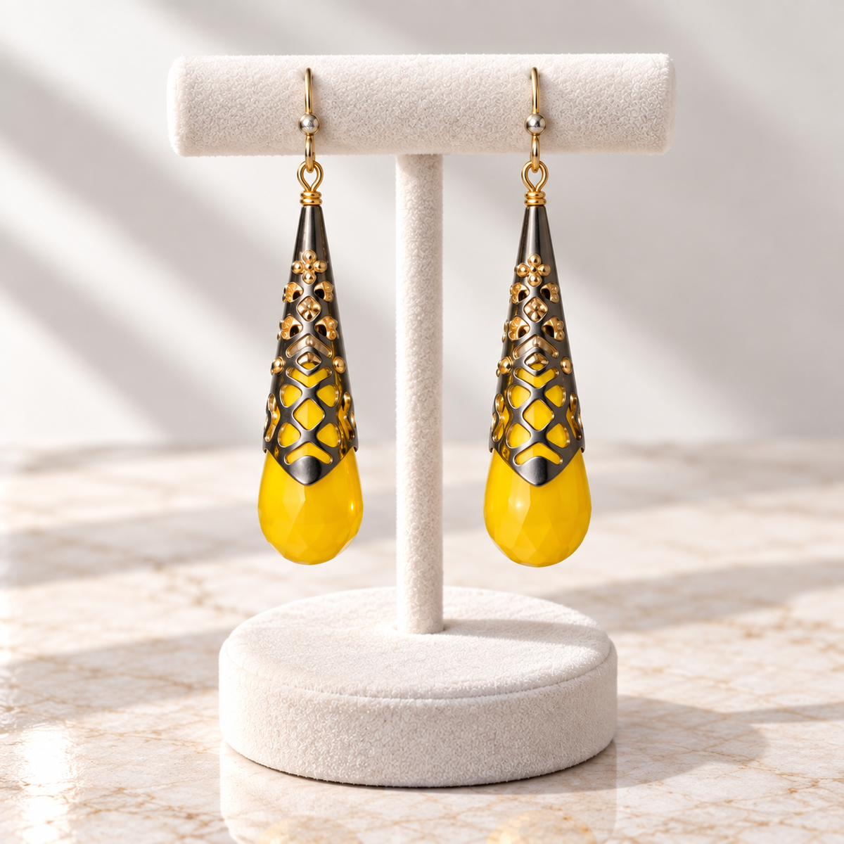 The Yvonne Earrings- Yellow Faceted Teardrop Filigree Earrings — Pre-Loved