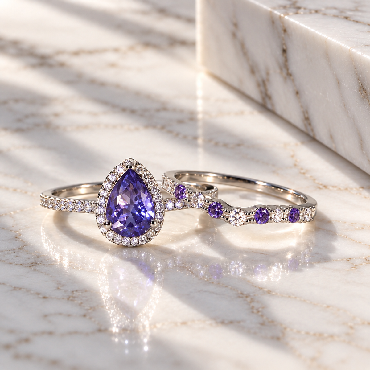 925 Sterling Silver Purple Pear-Cut Ring Set