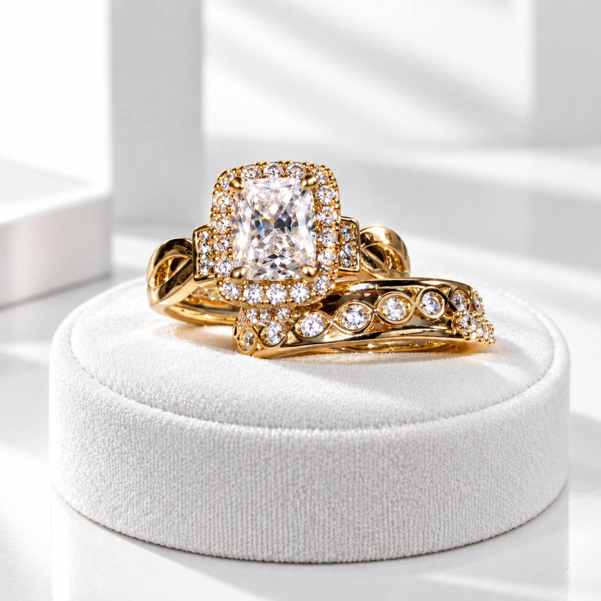 Gold-Plated Radiant-Cut Crystal Bridal Ring Sets.