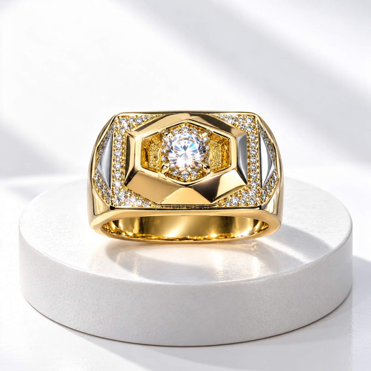 Men’s Geometric Gold-Plated Crystal Statement Ring