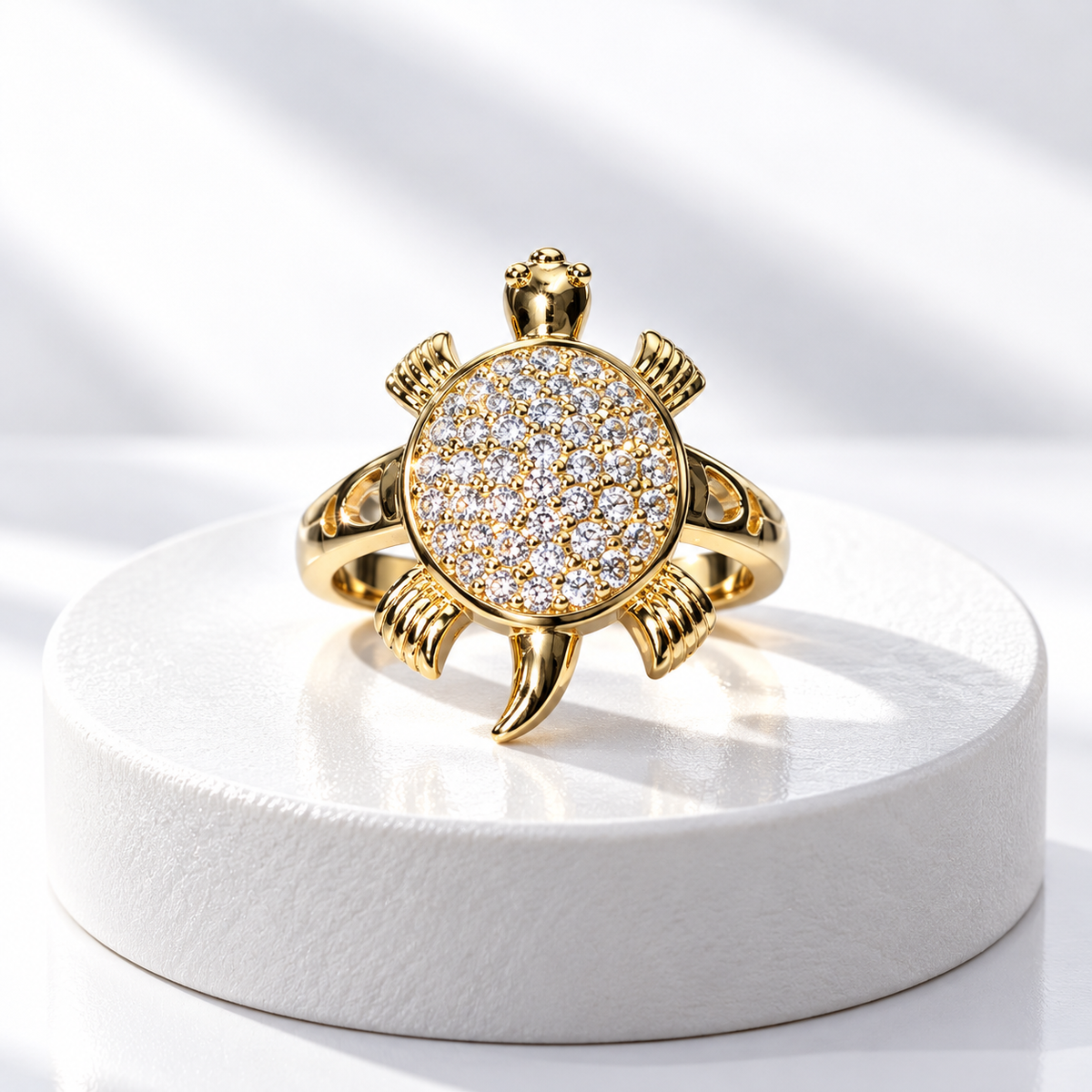 Gold-Plated Pavé Crystal Turtle Statement Ring