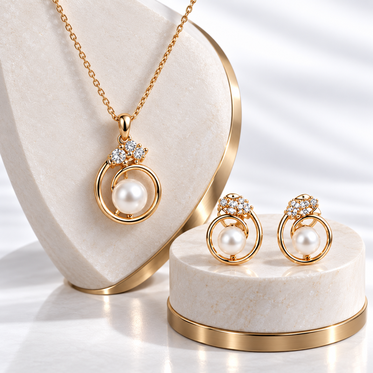 Gold-Plated Faux Pearl Necklace & Earrings Set