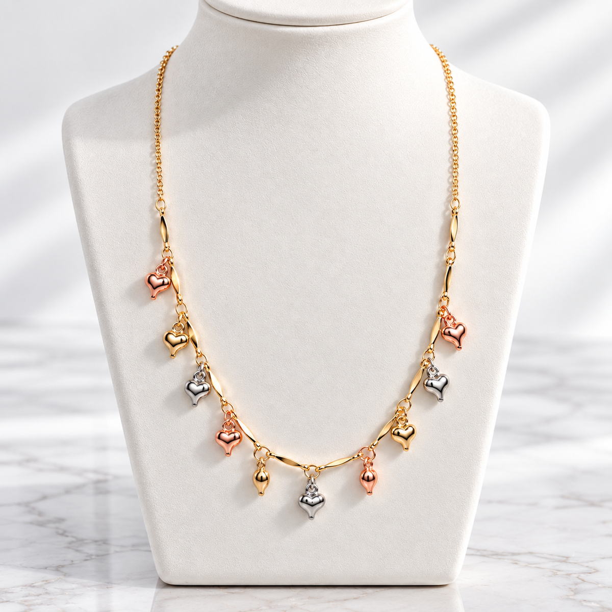 Tri-Tone Heart Charm Necklace