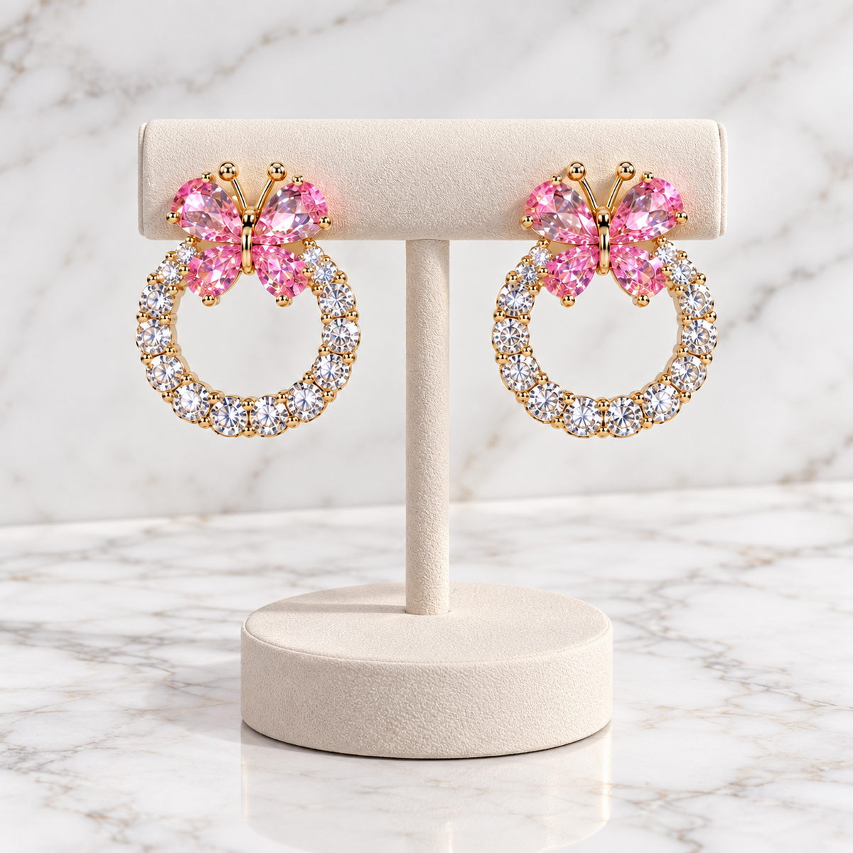 Pink Butterfly Crystal Hoop Earrings