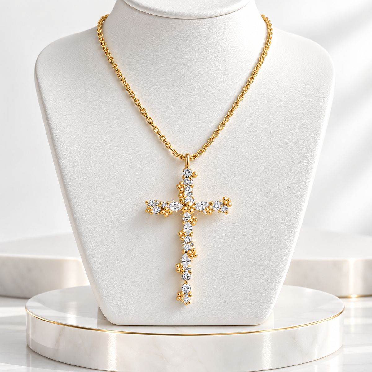 Gold-Tone Twisted Chain with Cubic Zirconia Cross