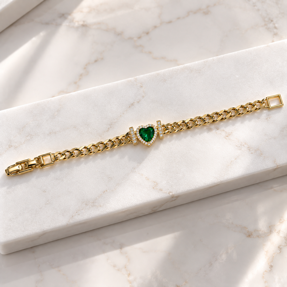 Green Heart Gold-Plated Chain Bracelet
