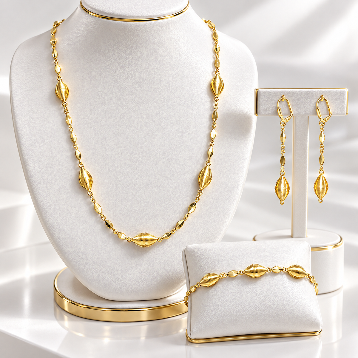 Gold-Plated Textured Bead Necklace Set — 14"