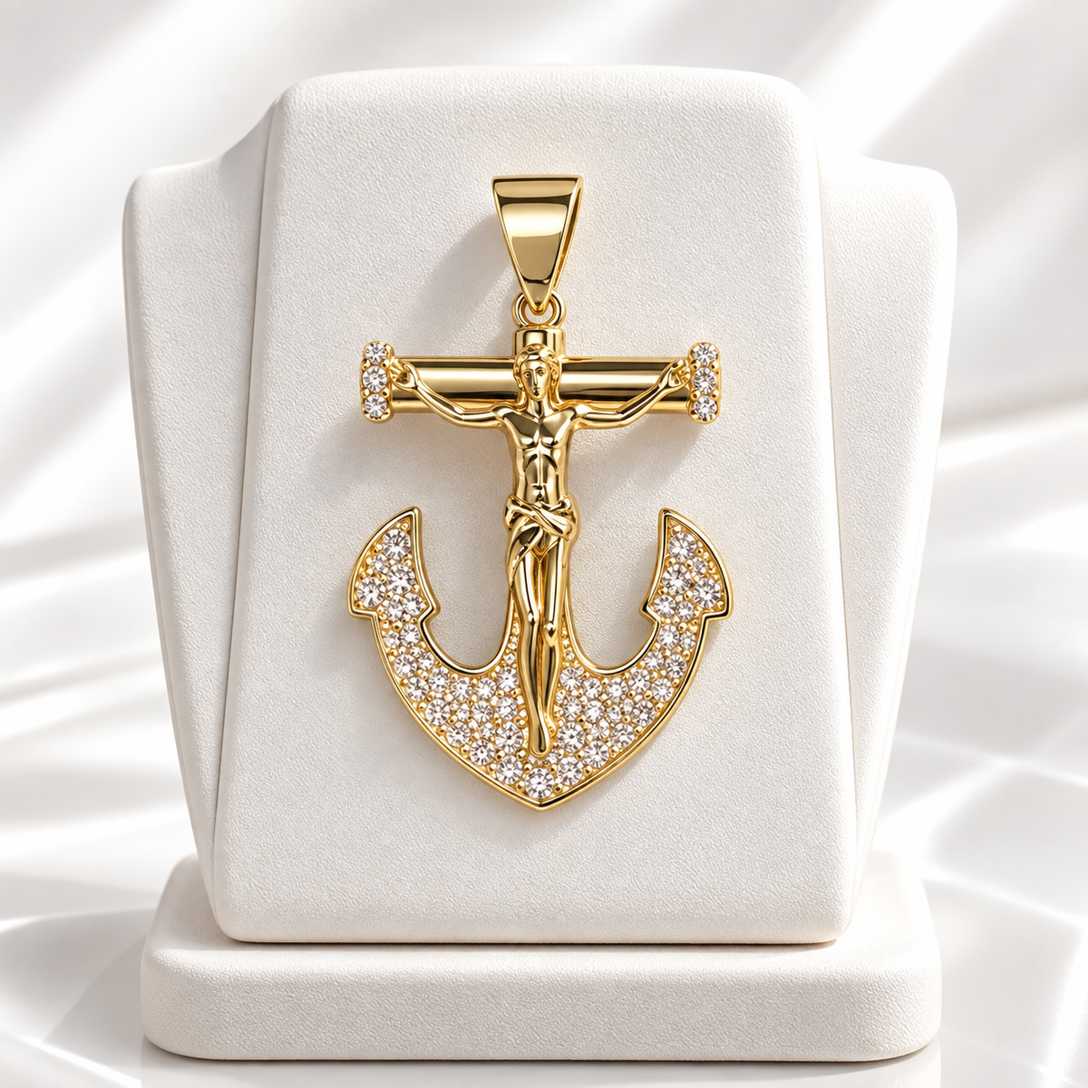 Gold-Tone CZ Anchor Crucifix Pendant