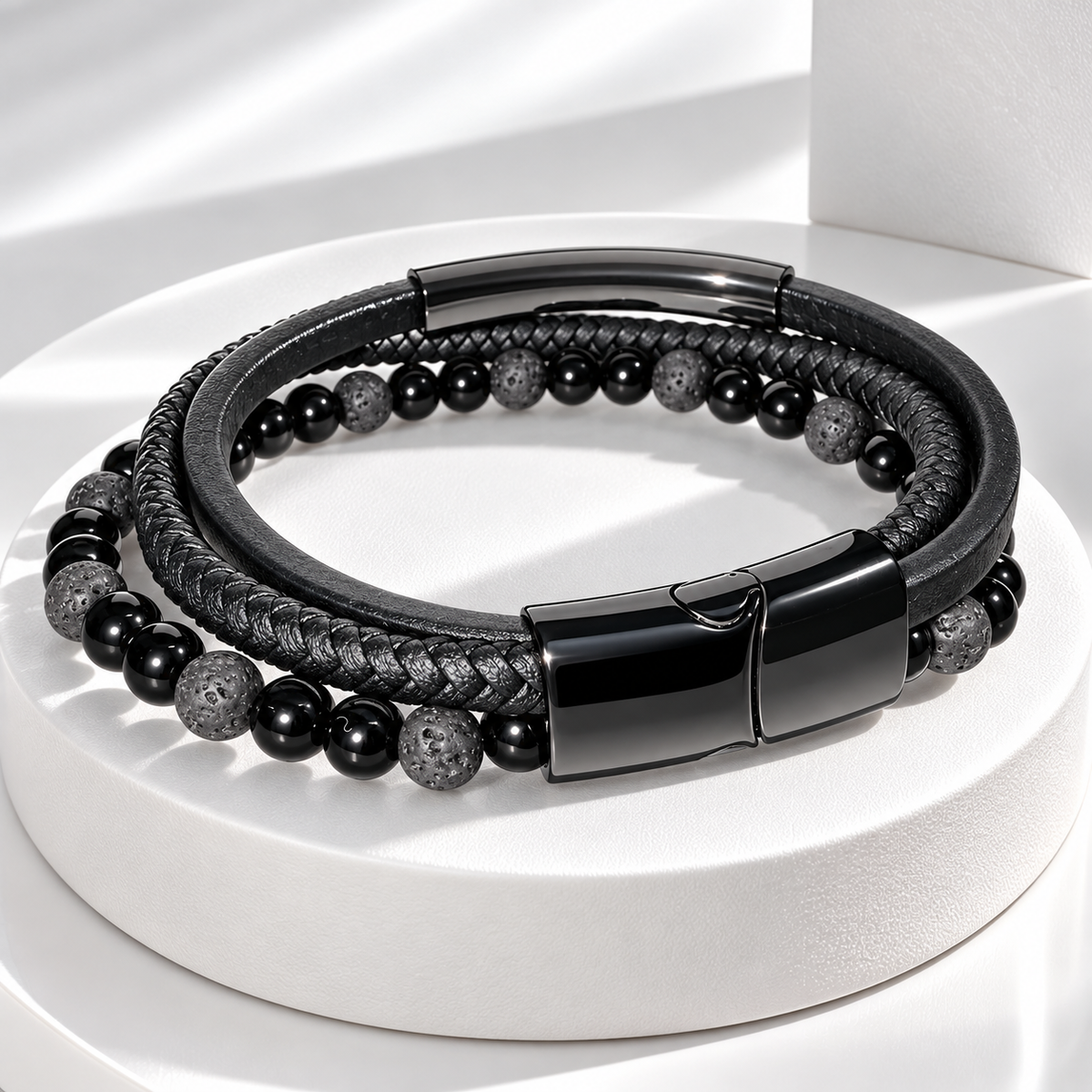 Men’s Black Leather & Beaded Multi-Strand Bracelet