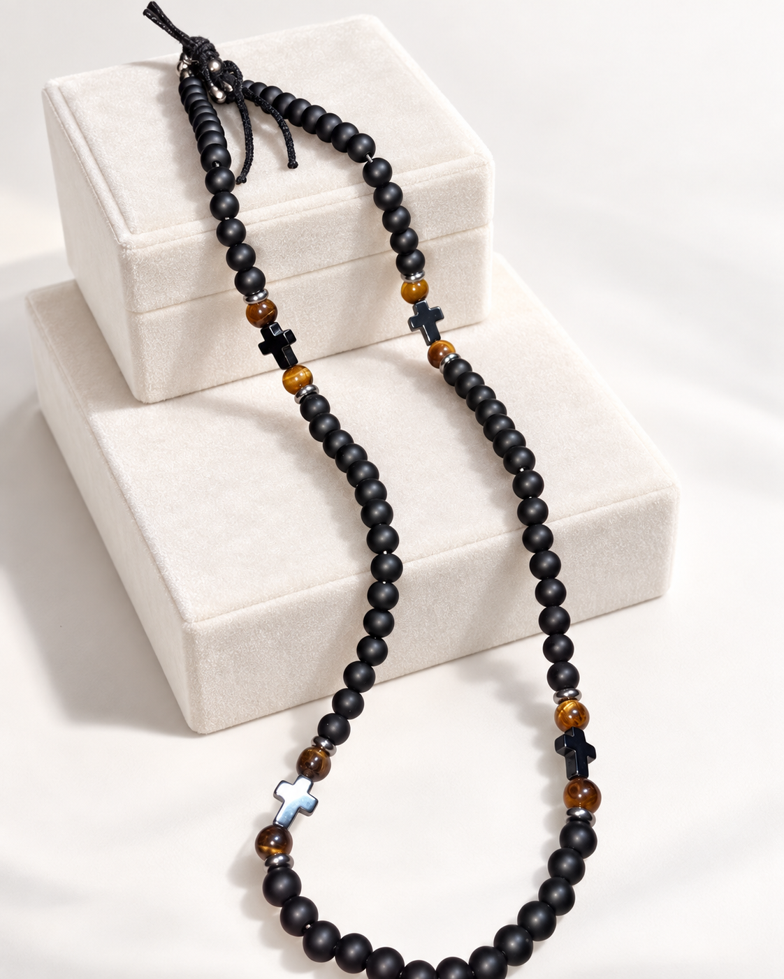 Anthony Jacobs Men’s Black Beaded & Tiger Eye Cross Necklace