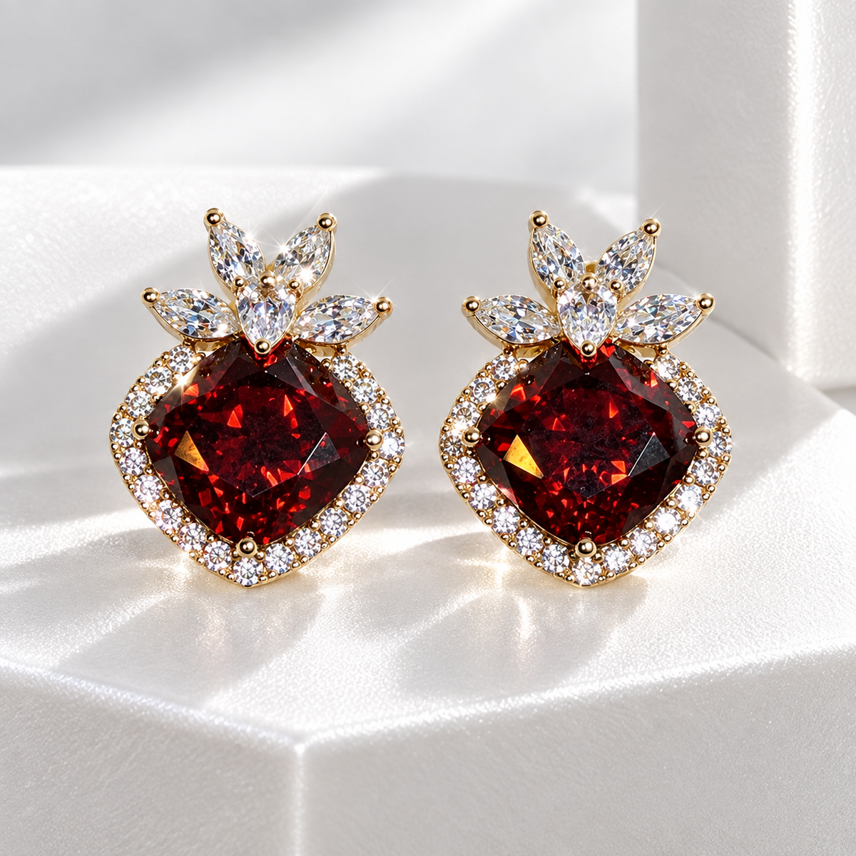Ruby Red Crystal Halo Stud Earrings