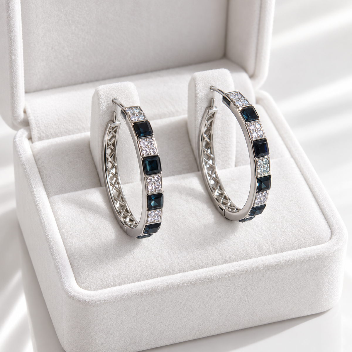 Silver-plated Blue & Clear Crystal Hoop Earrings