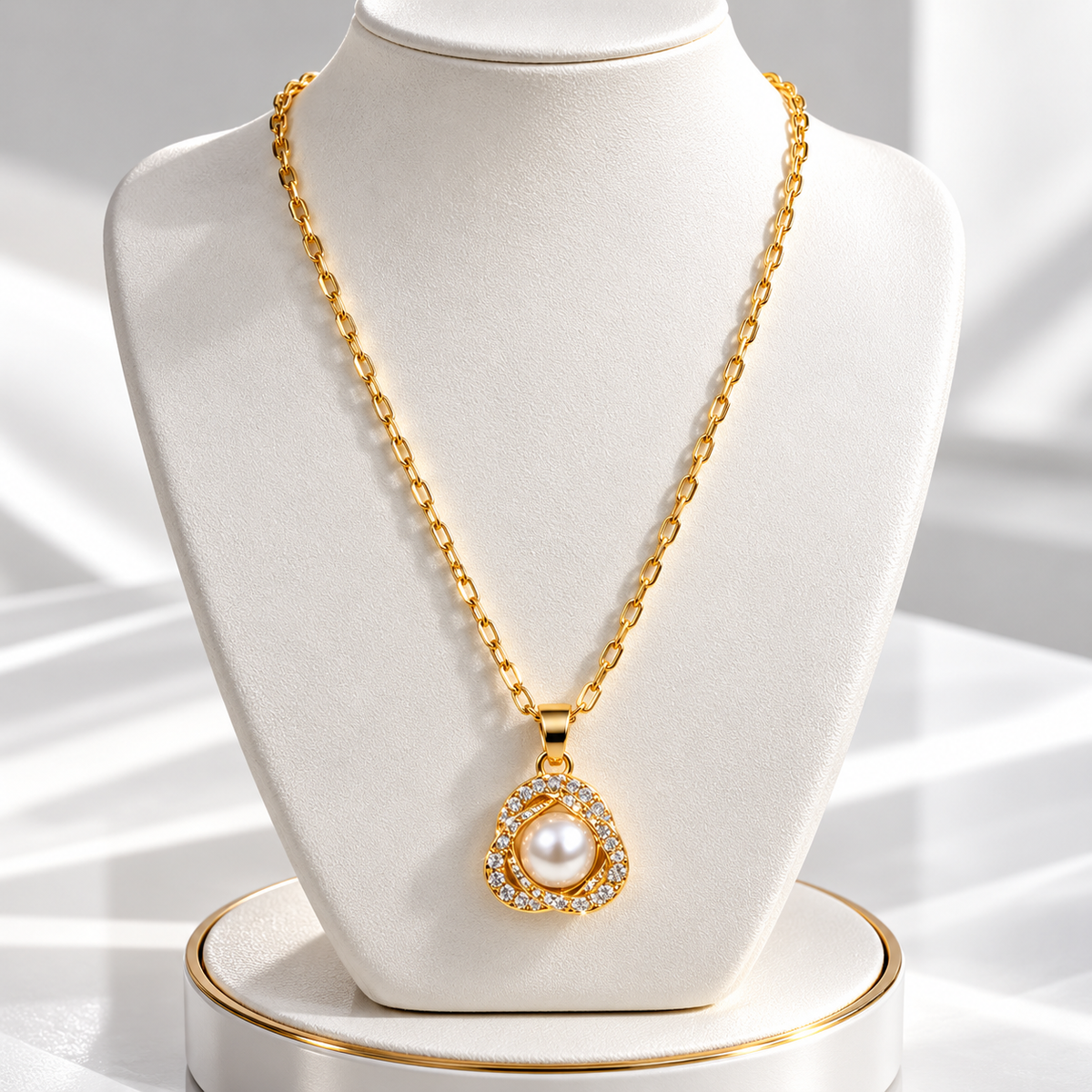 Faux Pearl & Crystal Halo Necklace — Gold tone