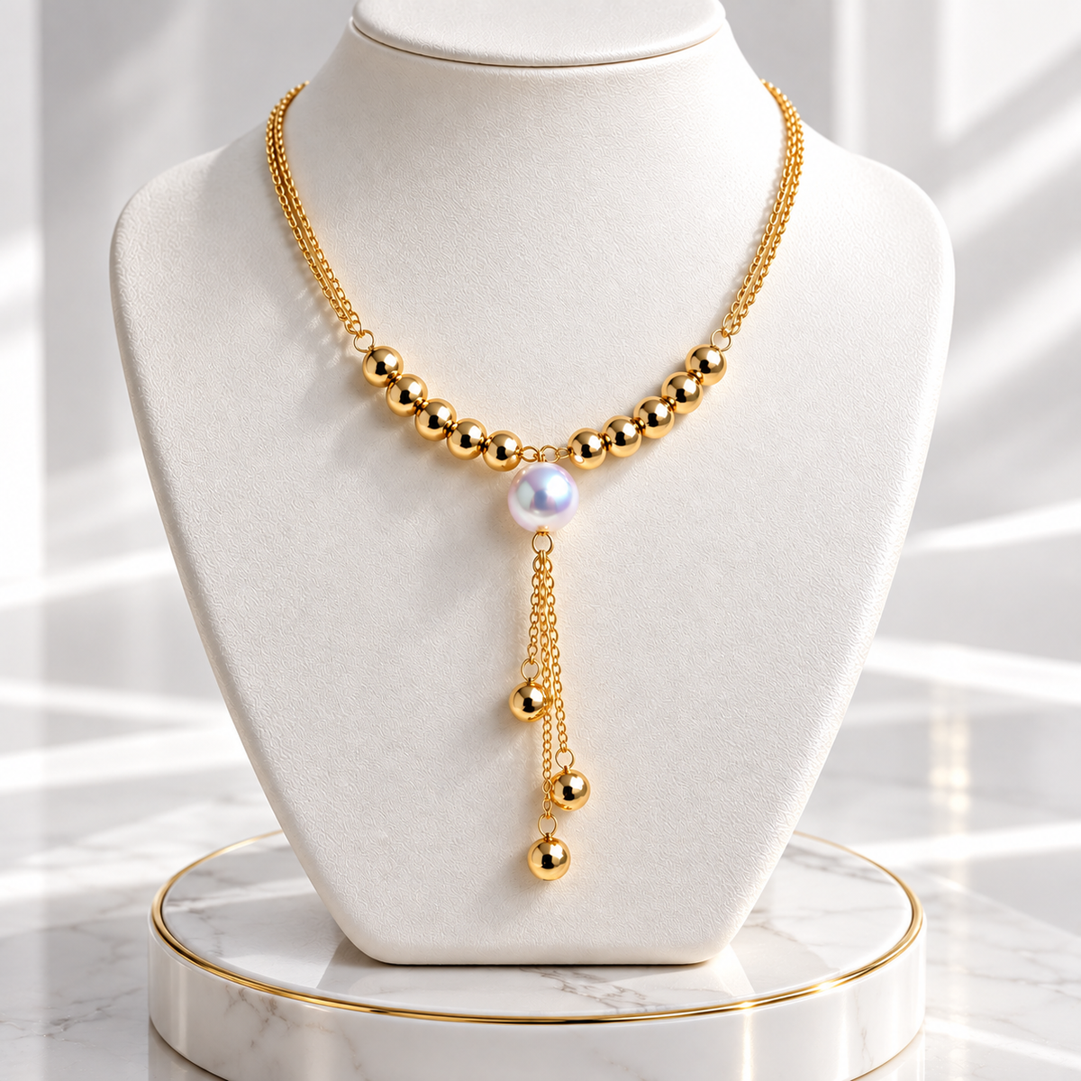 Gold-Plated Faux Pearl & Beaded Drop Necklace