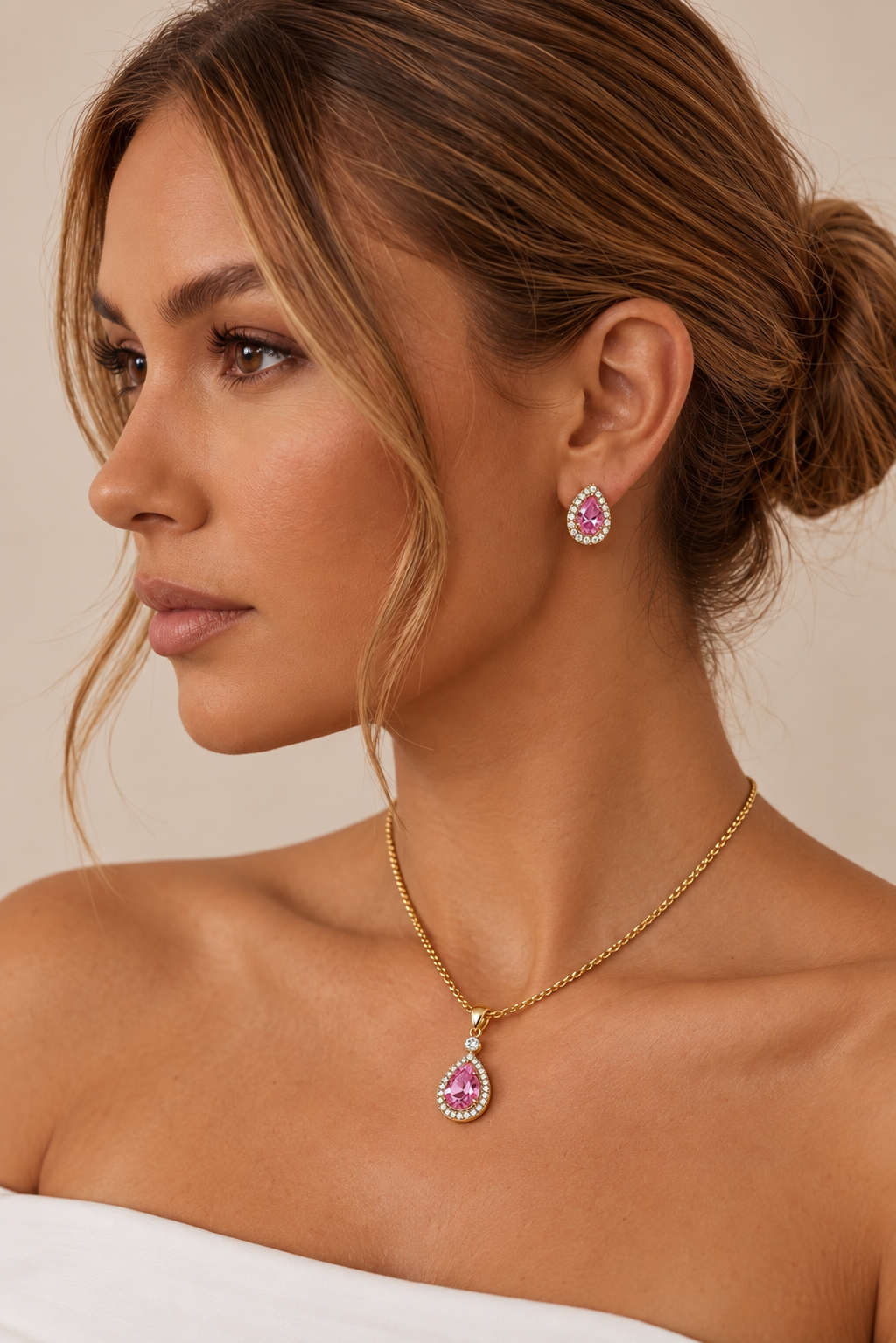 Gold-Plated Pink Crystal Teardrop Necklace & Earrings Set