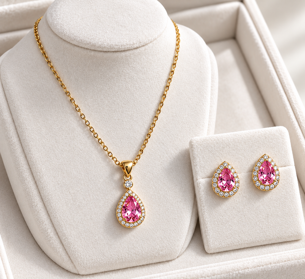 Gold-Plated Pink Crystal Teardrop Necklace & Earrings Set