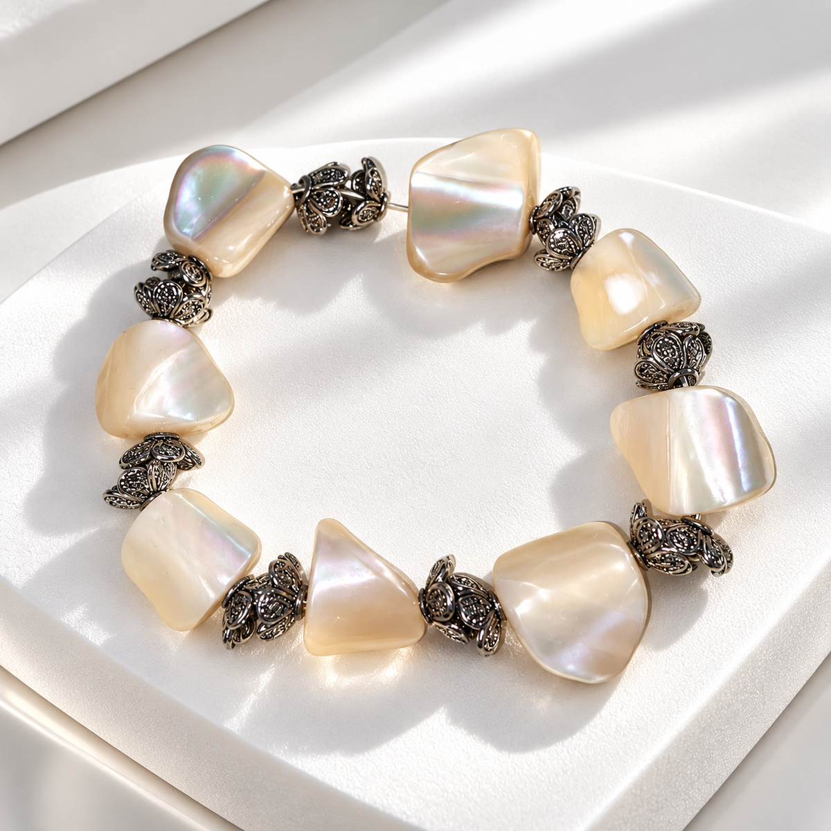 The Marbella. Iridescent & Antiqued Silver- toned Statement Bracelet — Pre-Loved