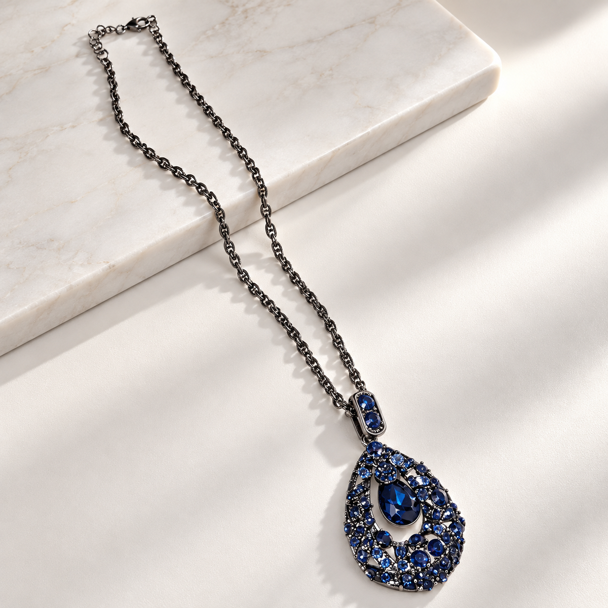 Sapphire Blue Crystal Teardrop Statement Necklace
