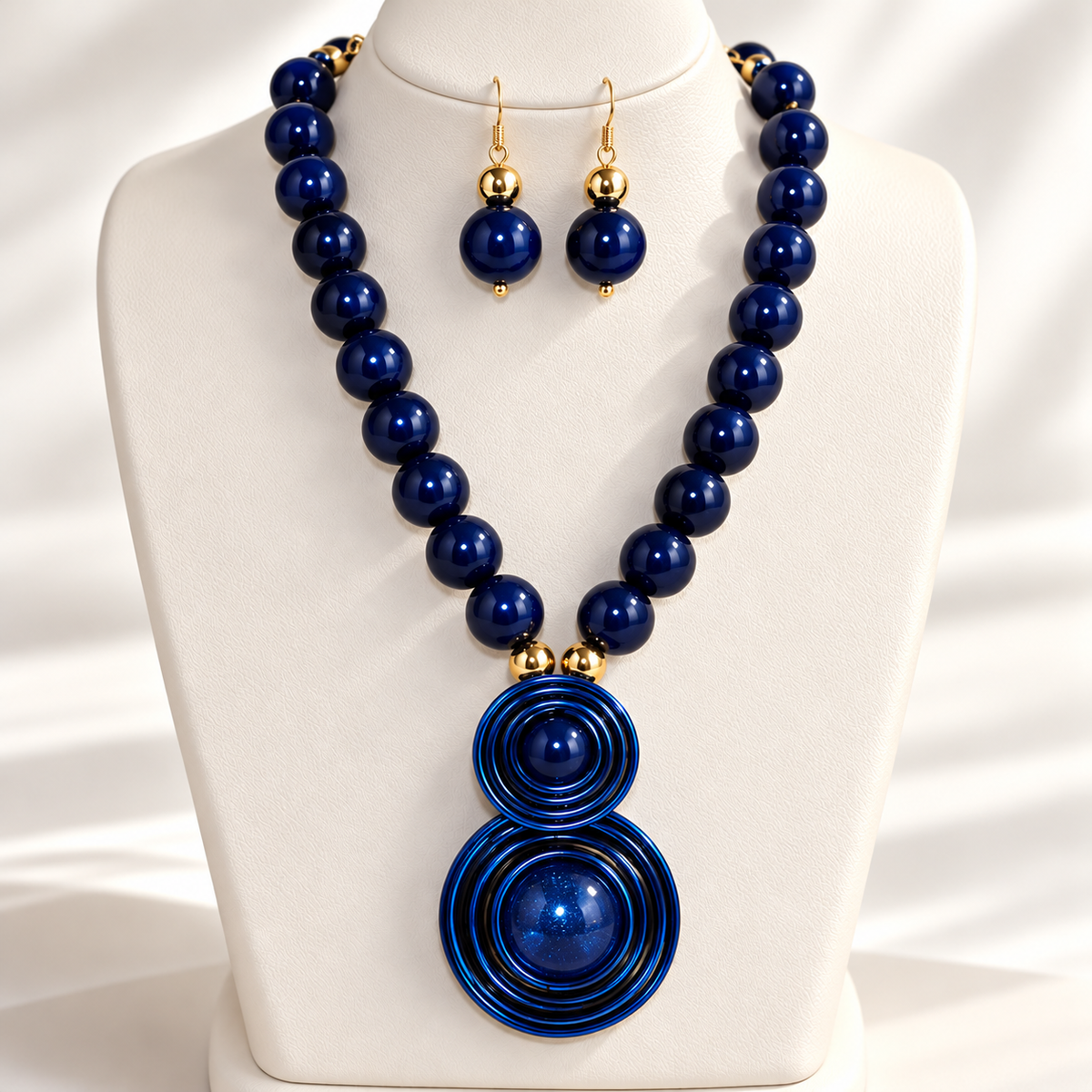Cobalt Blue Spiral Statement Necklace & Earrings Set