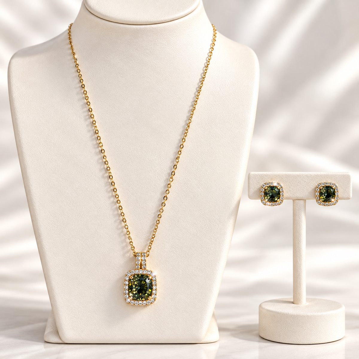 Emerald Green Halo Necklace & Earrings Set
