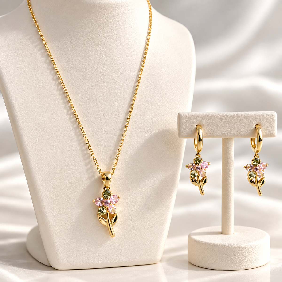 Gold-Plated Pink Blossom Necklace & Earrings Set