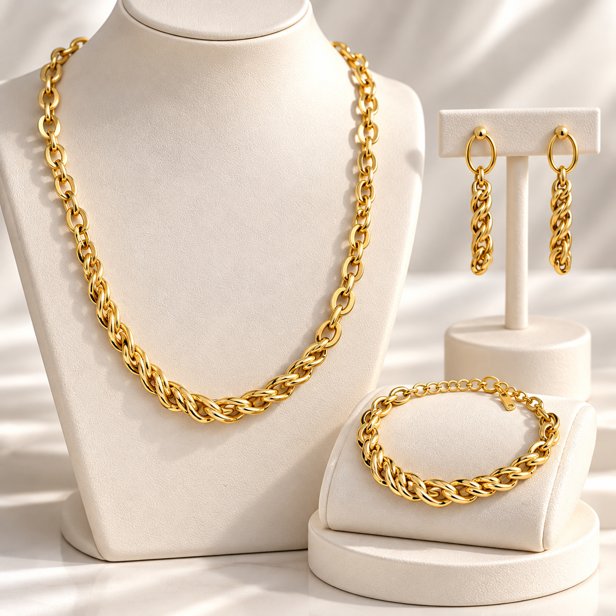 Gold-Plated Mixed-Link Necklace, Bracelet & Earrings Set