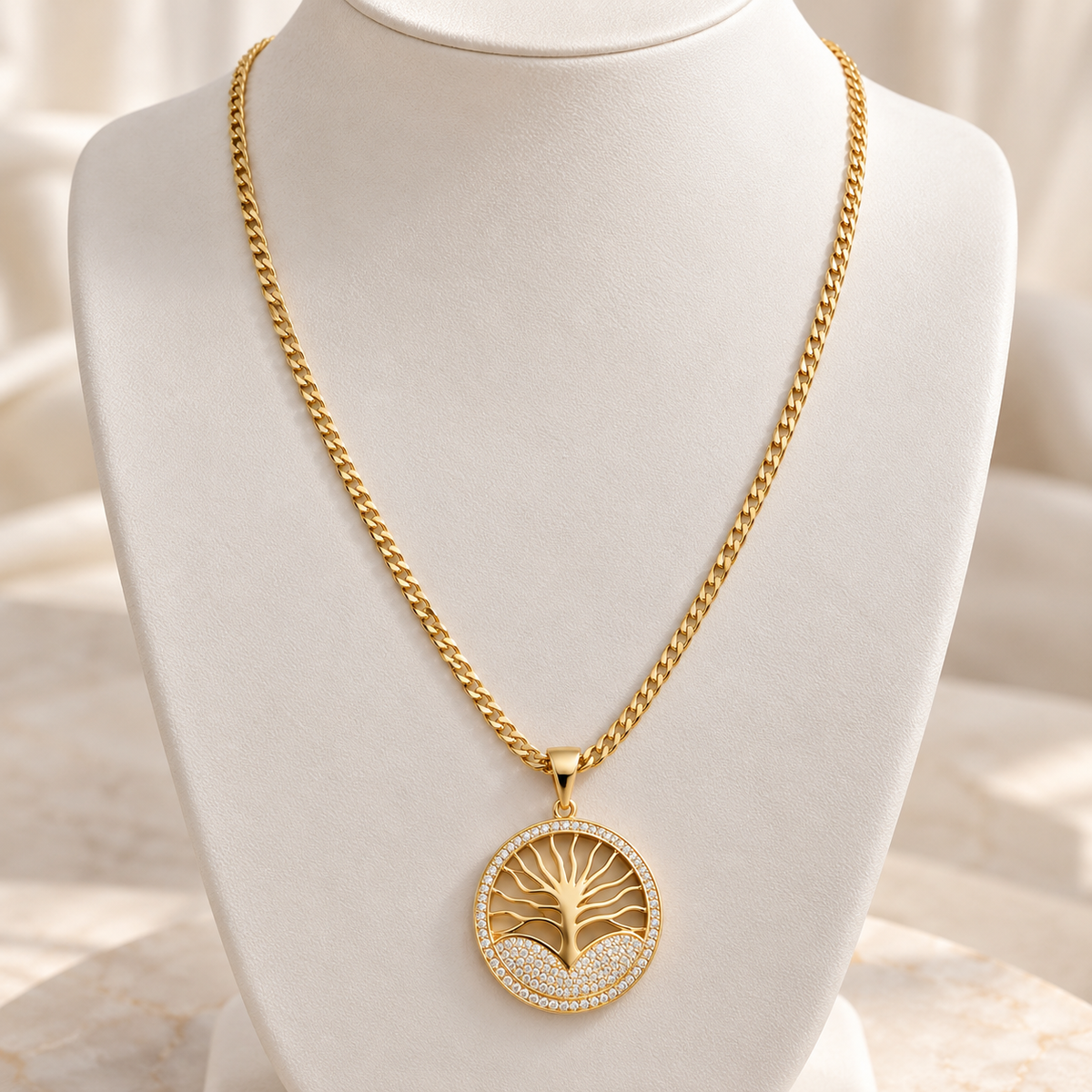 Gold-Plated Tree of Life Crystal Pendant Necklace