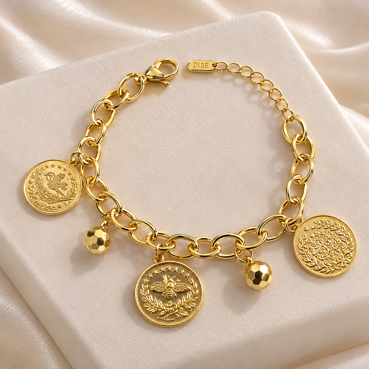 Gold-Plated Gipsy Inspired Coin Charm Bracelet