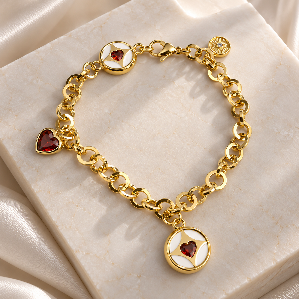 Gold-Plated Ruby Red Heart Charm Bracelet