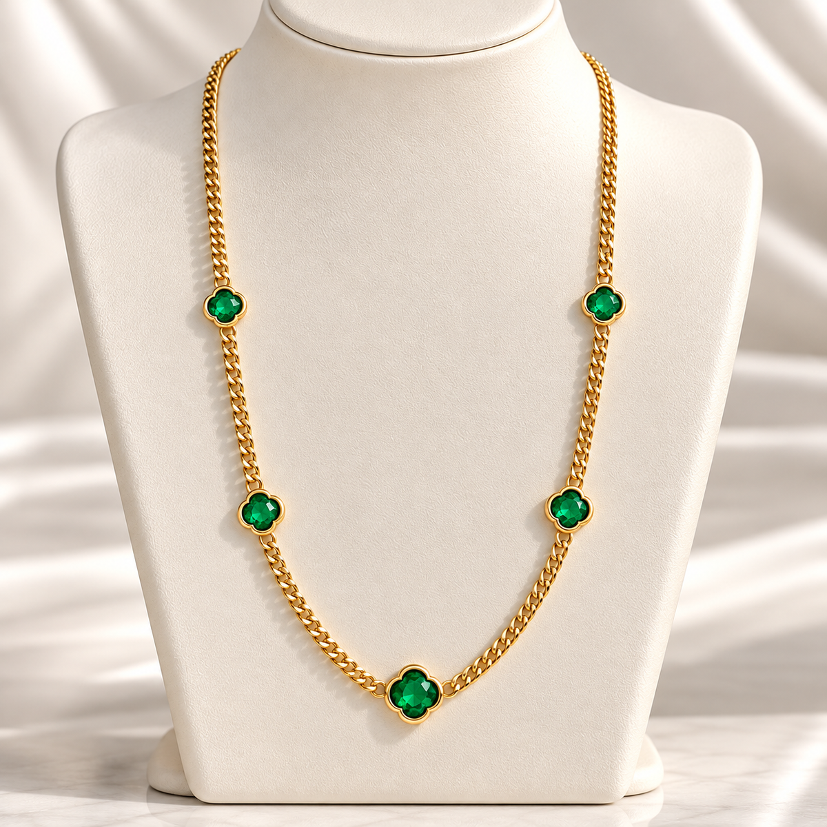 Gold-Plated Emerald Green Clover Station Necklace