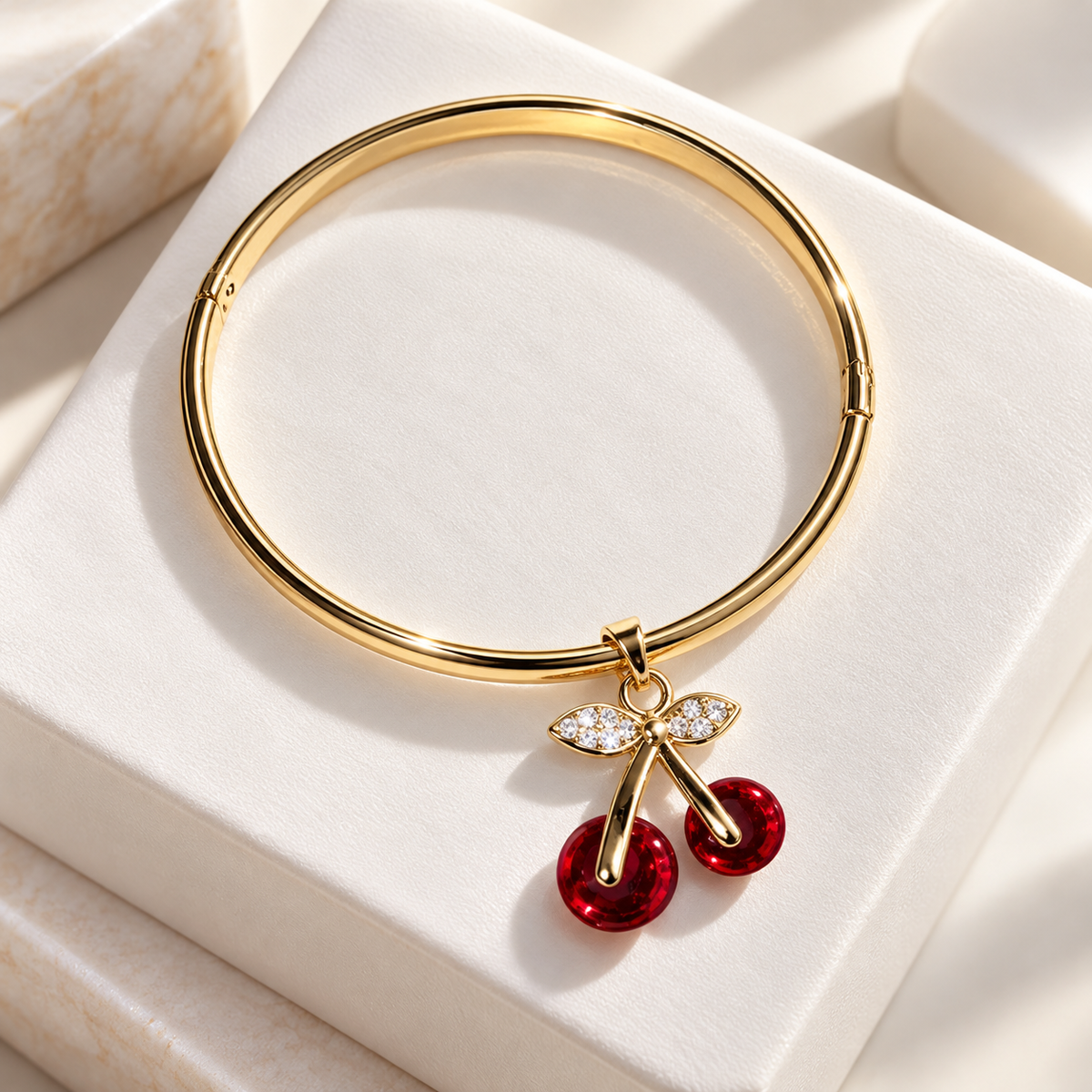Cherry Charm Gold-Plated Bangle Bracelet