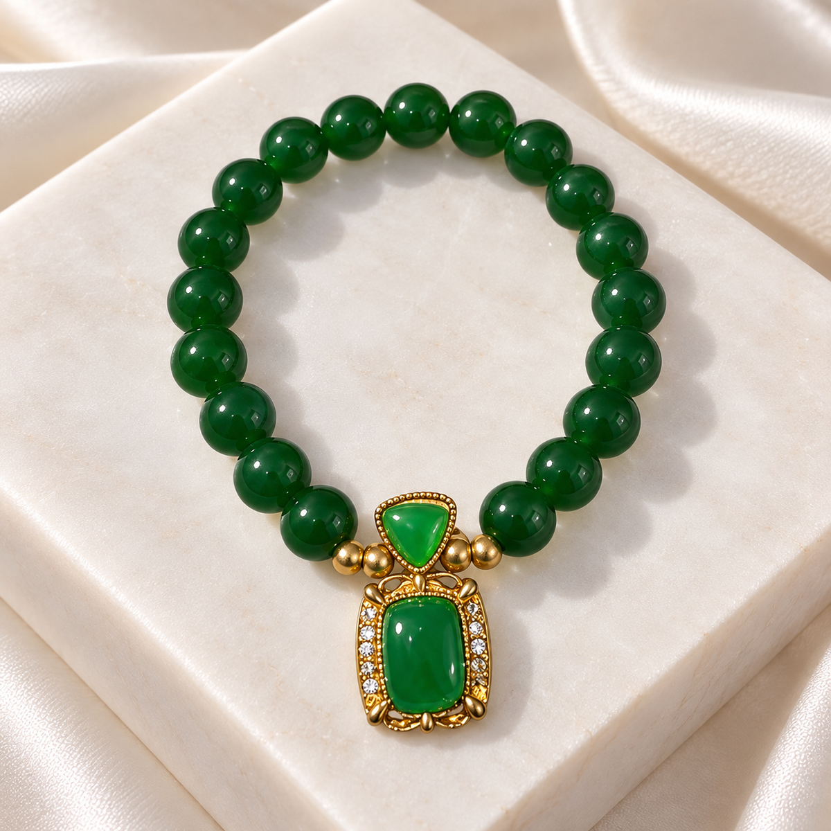 Emerald Green Beaded Bracelet with Vintage-Inspired Statement Charm